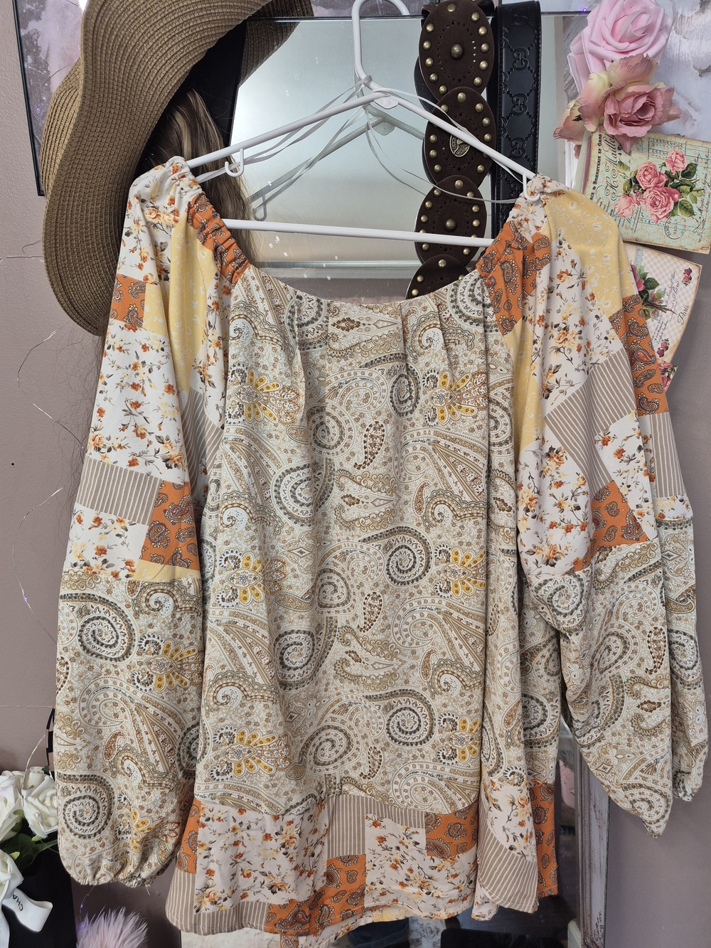 white birch Beige & Orange Paisley Patchwork Peasant Top